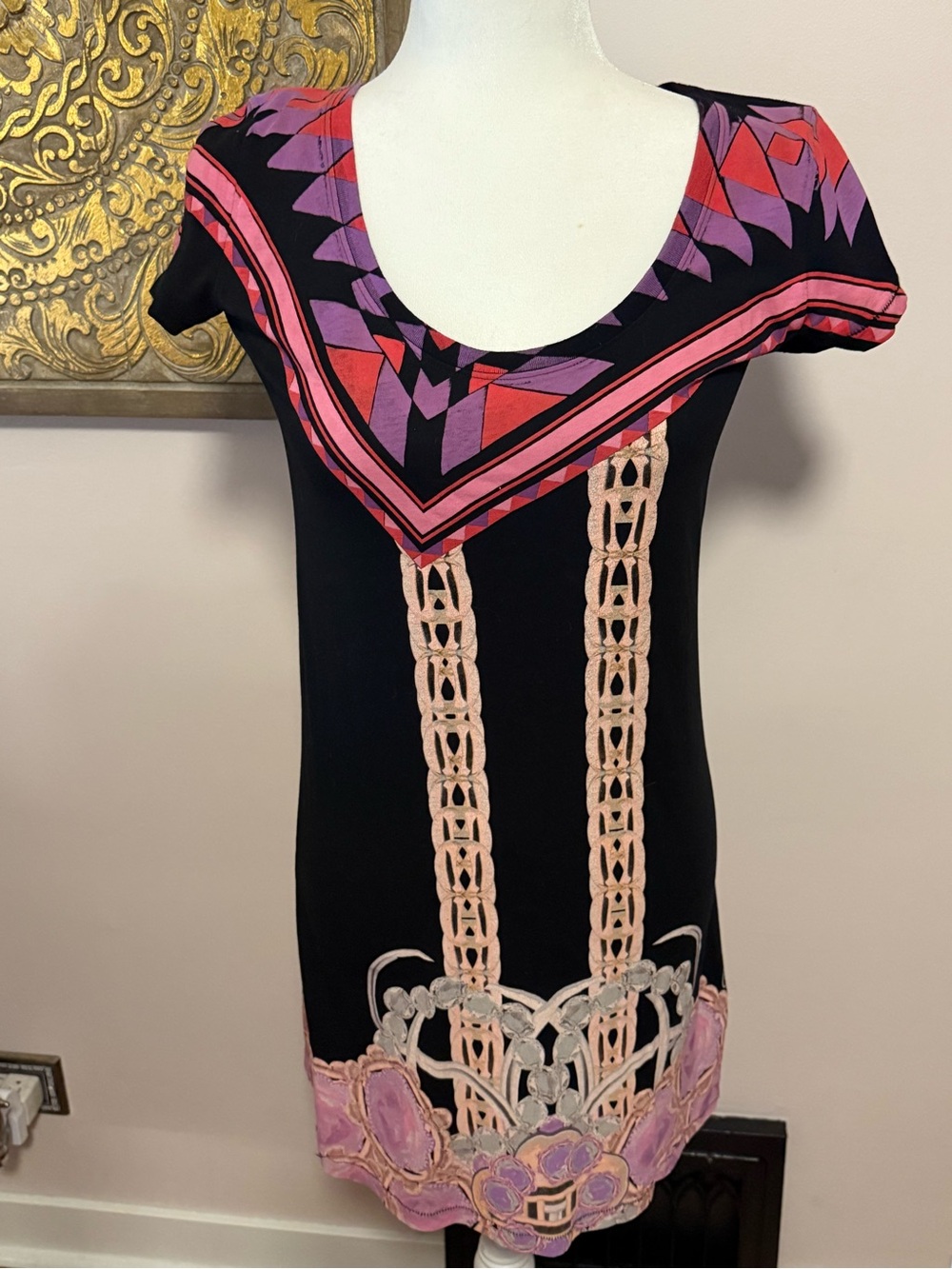 Custo Barcelona Black Dress with Pink and Purple Geometric Accents